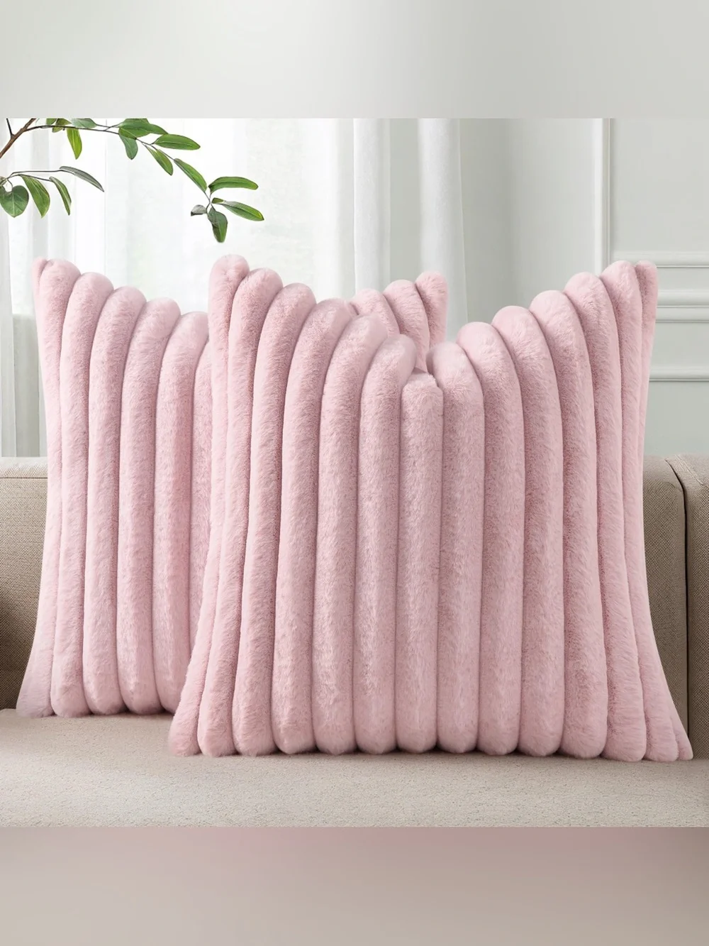 Faux Fur 26x26 Pillow Covers Blush Pink Set Of 2 Luxury Soft Stipe Large 🩷🐰